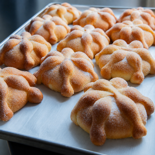 Freshly baked pan de muerto pastries on a baking tray