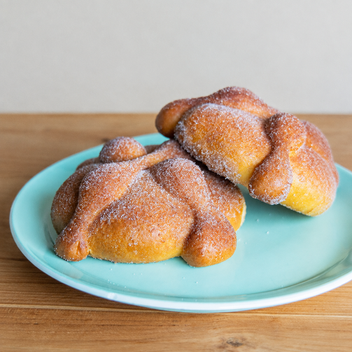 Close-up of two pan de muerto pastries on a turquoise plate